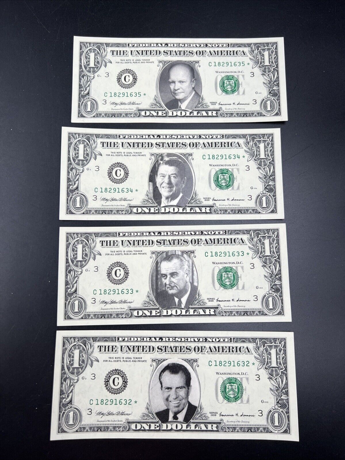 4 Consecutive * Star 1999 FRN $1 One Dollar Federal Reserve Note UNC Details #32