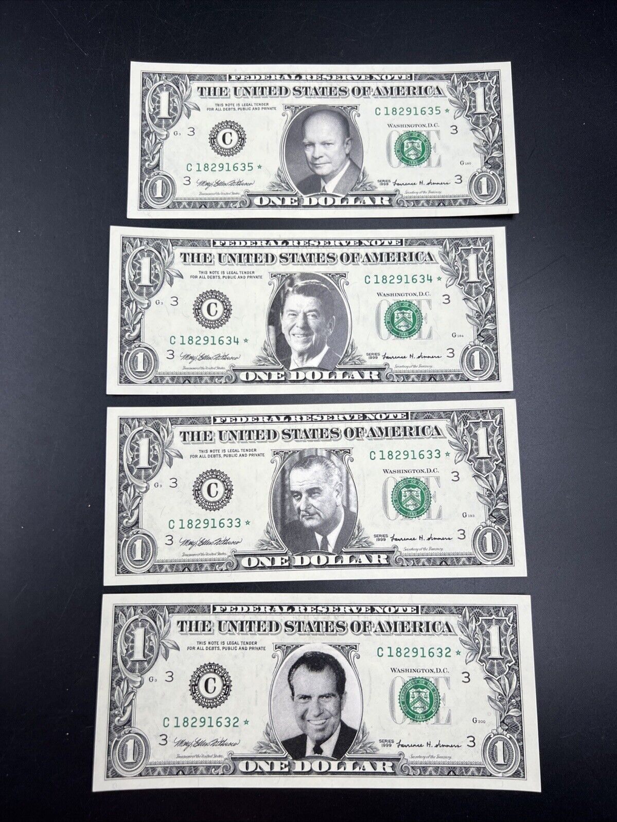 4 Consecutive * Star 1999 FRN $1 One Dollar Federal Reserve Note UNC Details #32