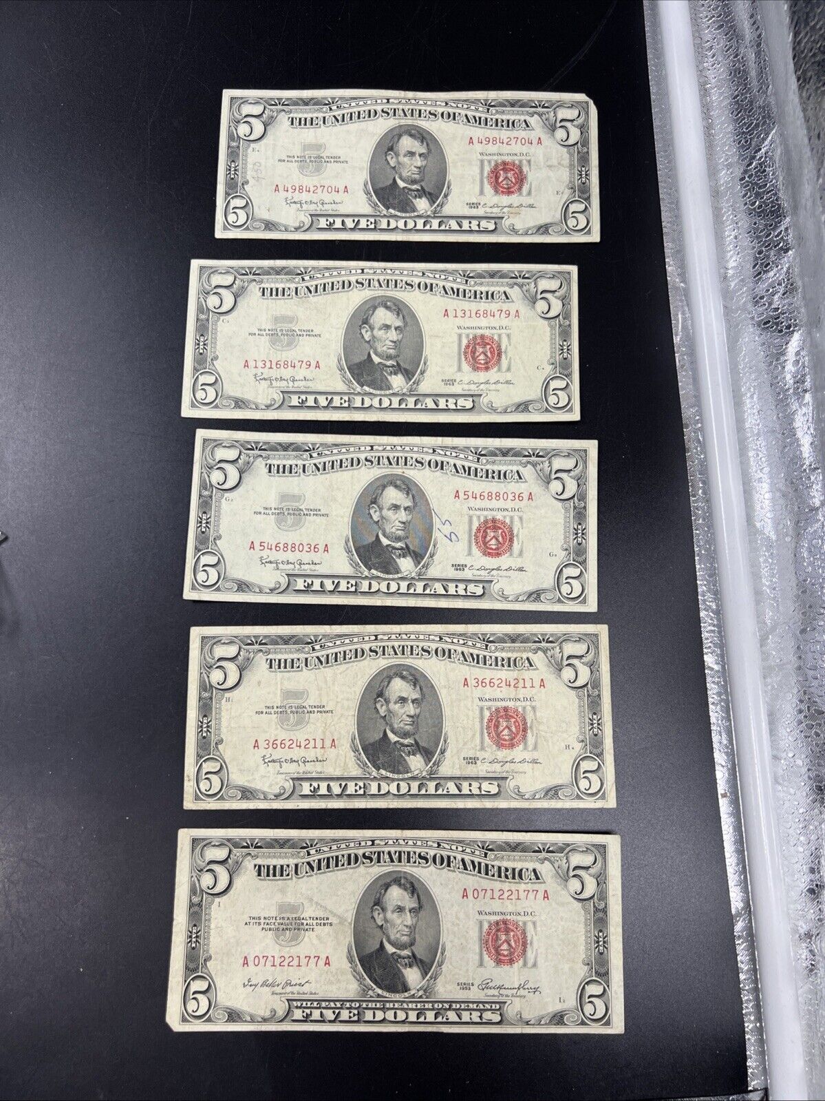 Lot of 5 1963 $5 Five Dollar Legal Tender Note Bills VG / Fine Circ #177
