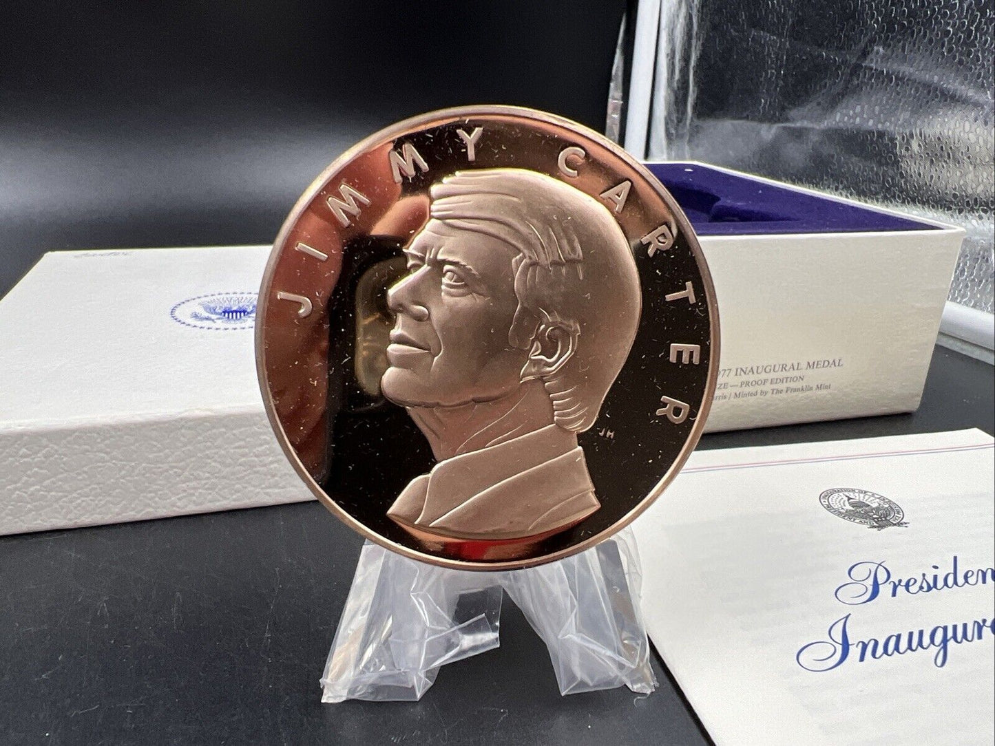 1977 Jimmy Carter Inau Proof Bronze Medal Franklin Mint with Box & Stand