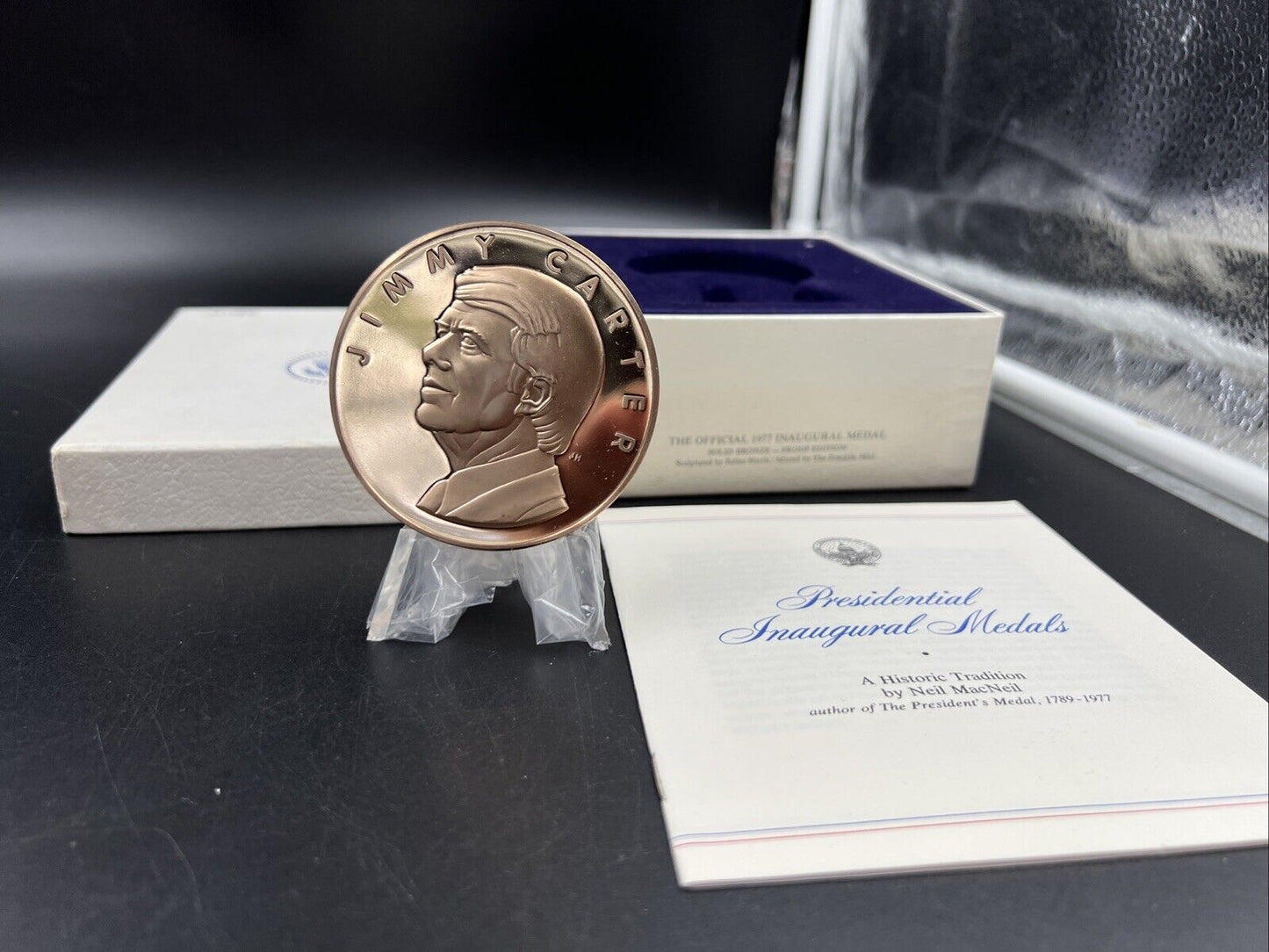 1977 Jimmy Carter Inau Proof Bronze Medal Franklin Mint with Box & Stand