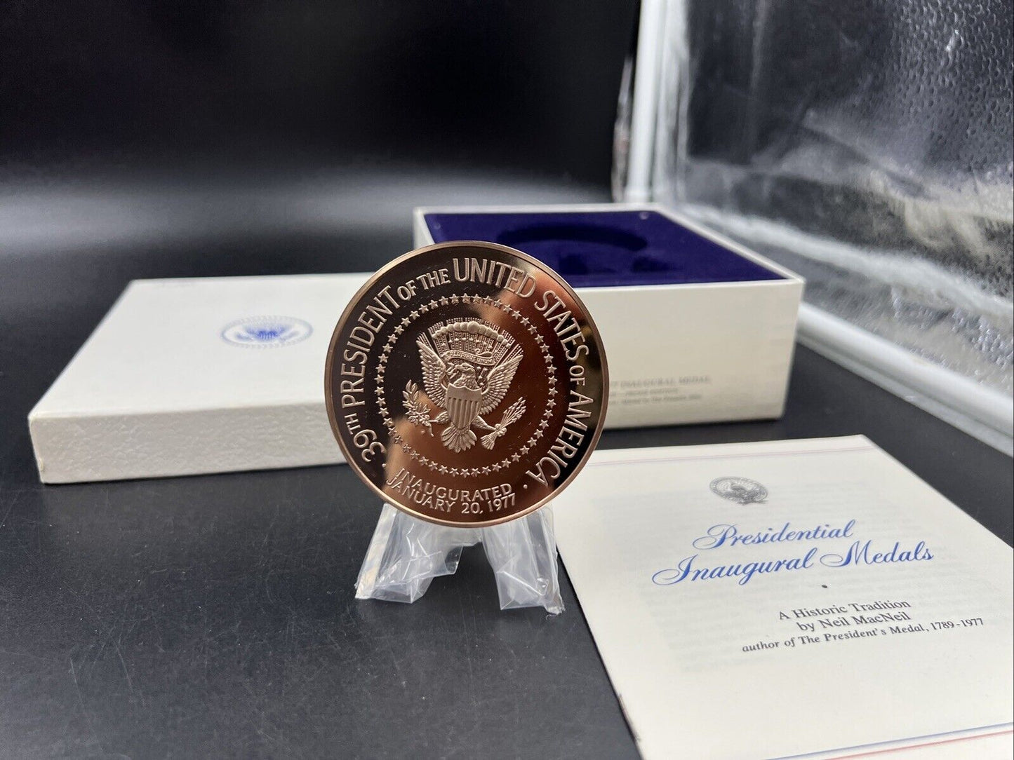1977 Jimmy Carter Inau Proof Bronze Medal Franklin Mint with Box & Stand