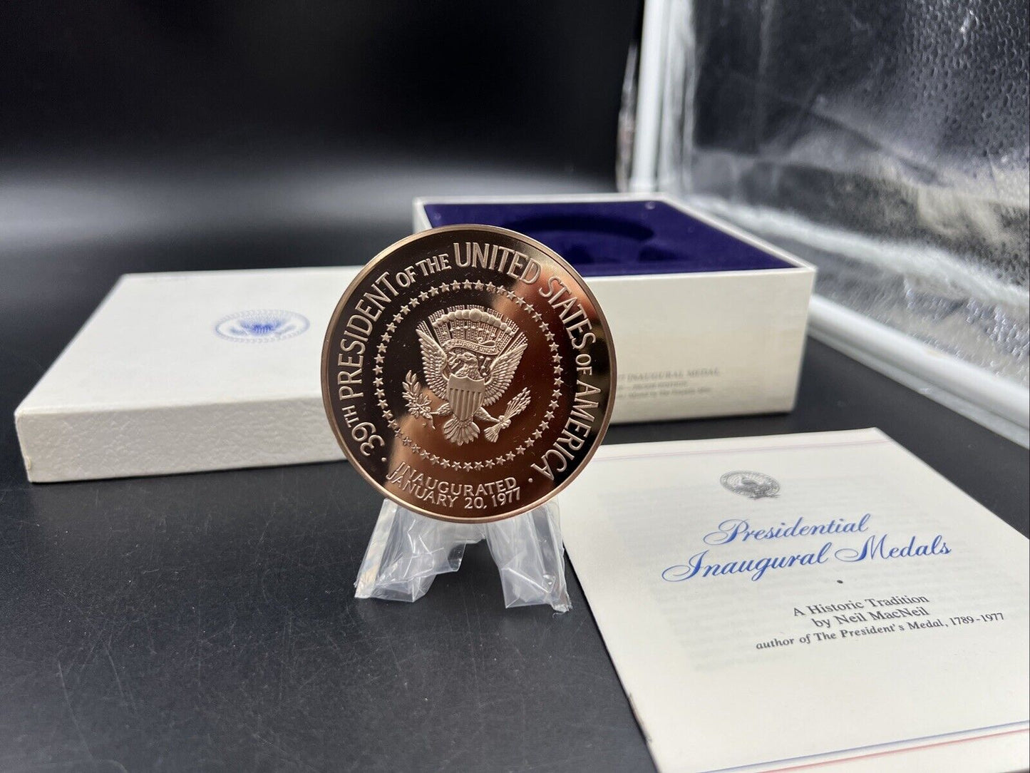 1977 Jimmy Carter Inau Proof Bronze Medal Franklin Mint with Box & Stand