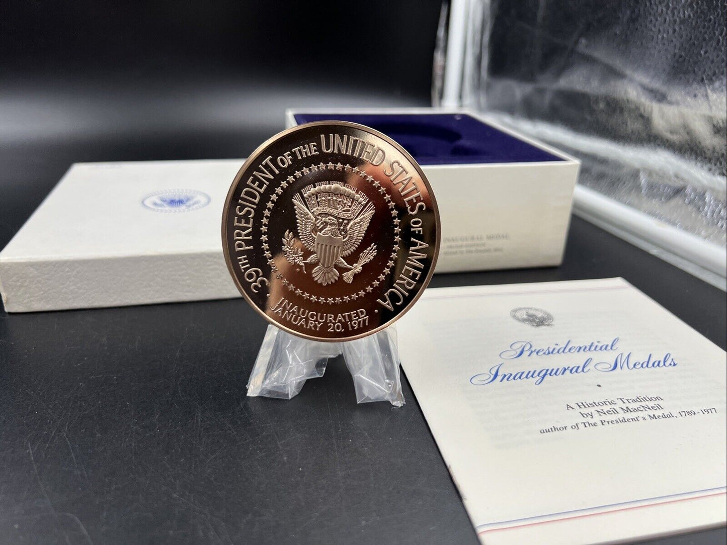 1977 Jimmy Carter Inau Proof Bronze Medal Franklin Mint with Box & Stand
