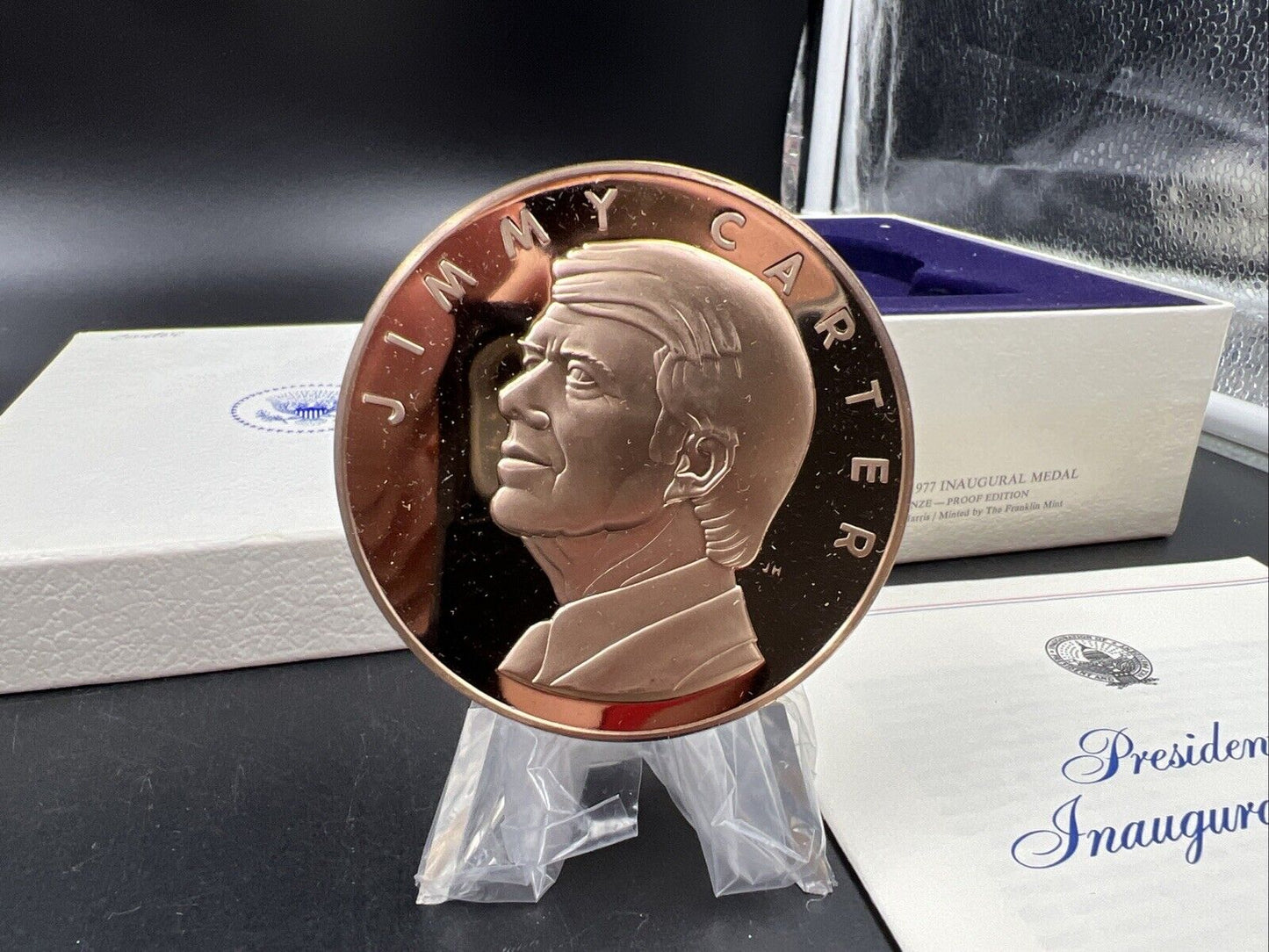 1977 Jimmy Carter Inau Proof Bronze Medal Franklin Mint with Box & Stand