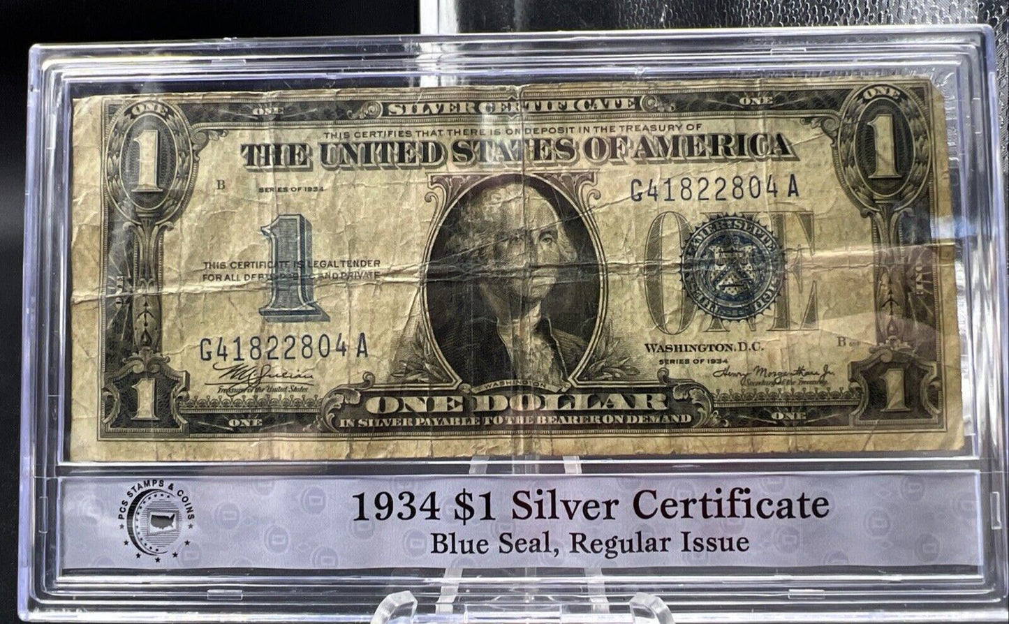 1934 $1 One Dollar Silver Certificate Funny back Note VG Circ in Plastic Case