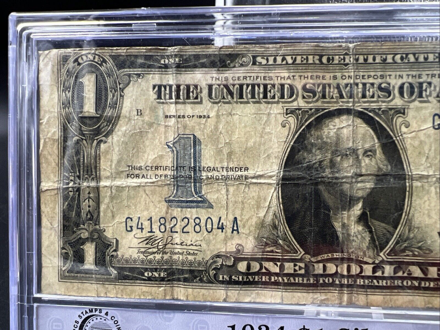 1934 $1 One Dollar Silver Certificate Funny back Note VG Circ in Plastic Case