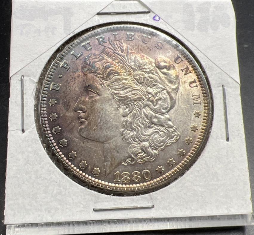 1880 P $1 Morgan Silver Dollar Coin Choice AU Neat Purple Toning Toner