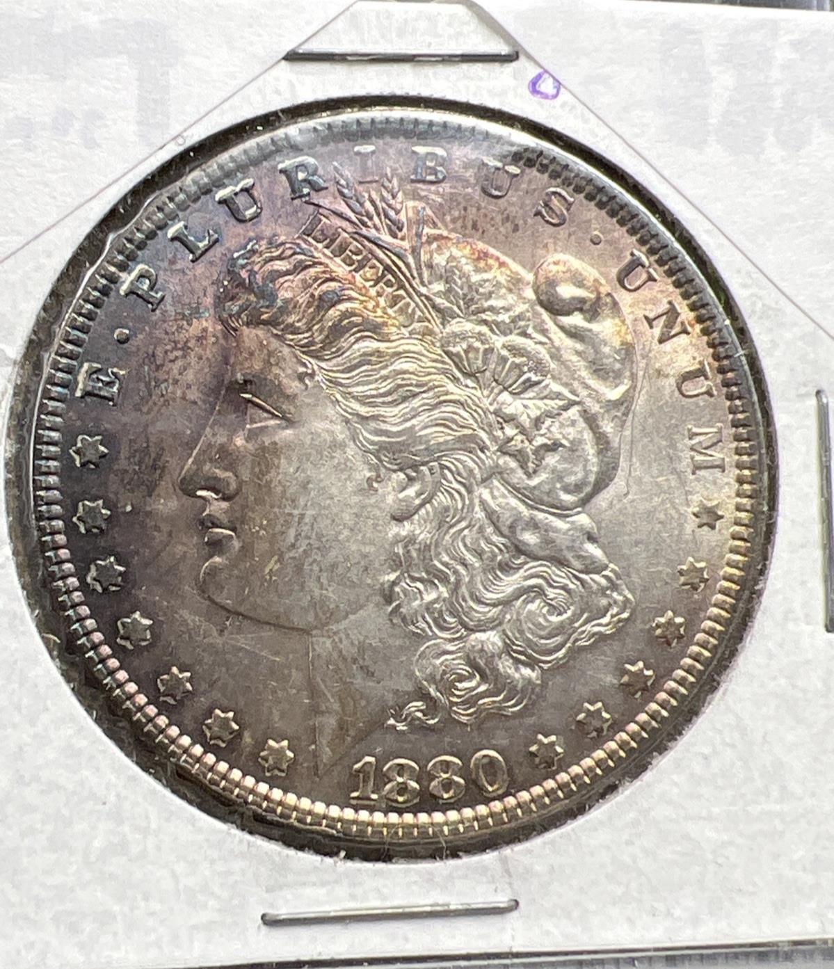 1880 P $1 Morgan Silver Dollar Coin Choice AU Neat Purple Toning Toner