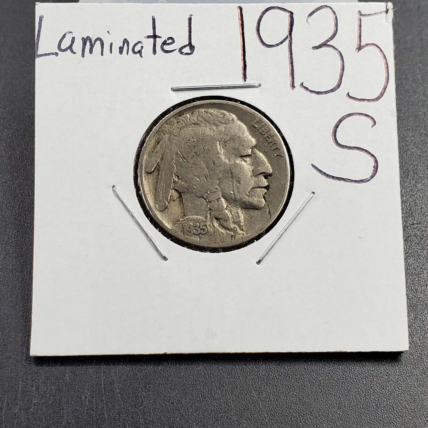 1935 s 5c Buffalo Indian Head Nickel Laminated Planchet error Obverse , Circulat