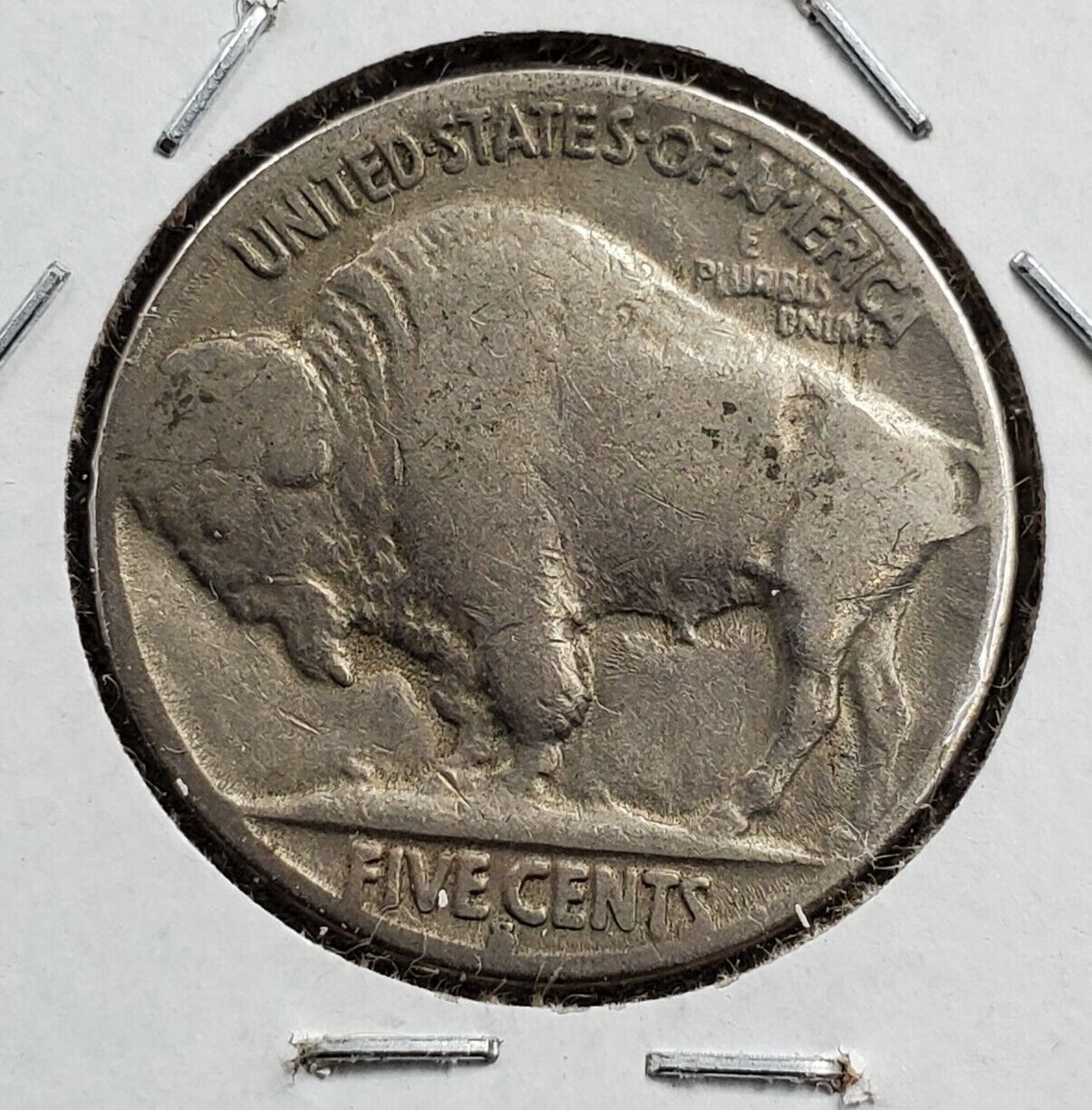 1935 s 5c Buffalo Indian Head Nickel Laminated Planchet error Obverse , Circulat