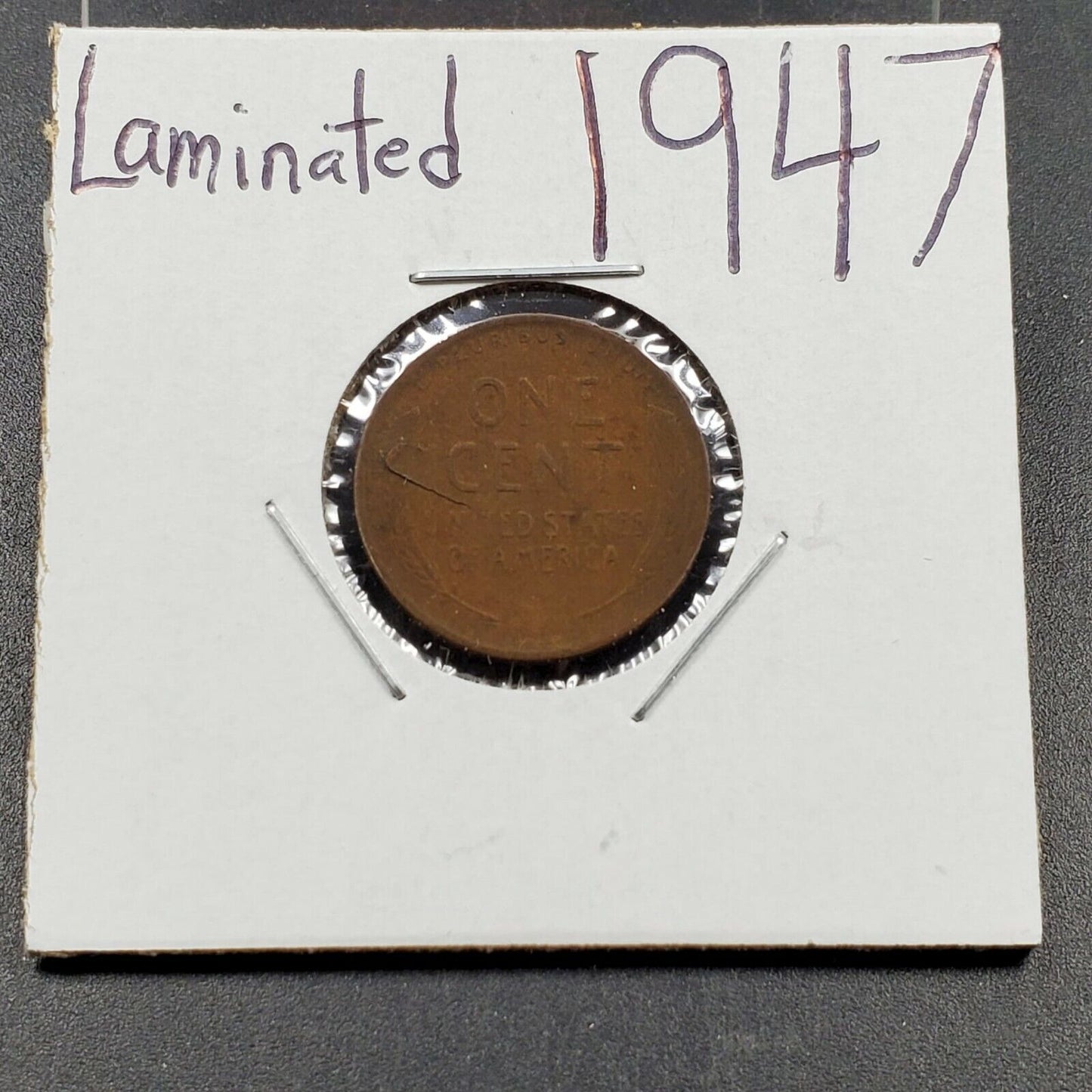 1947 P 1c Lincoln Wheat Cent Error Coin Laminated Planchet