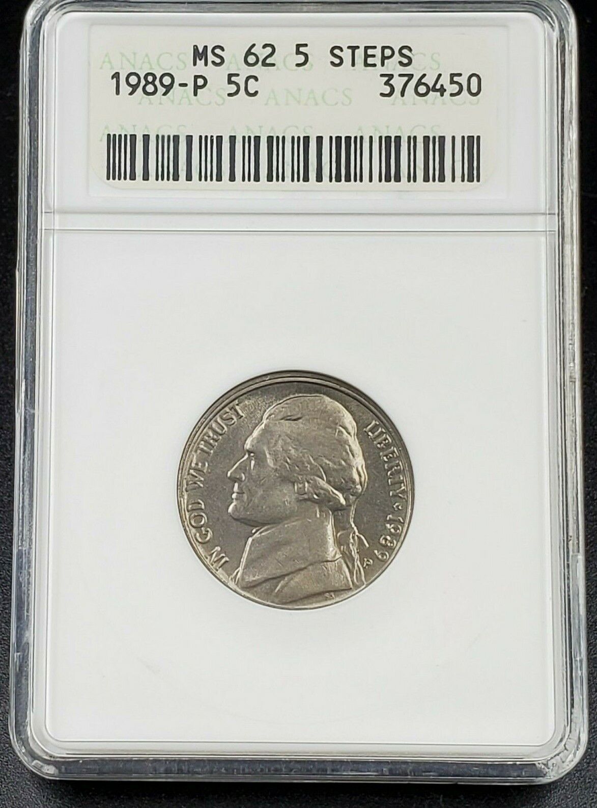 1989 P Jefferson Nickel Coin ANACS MS62 5FS Slight Off Center Broadstrike Obvers