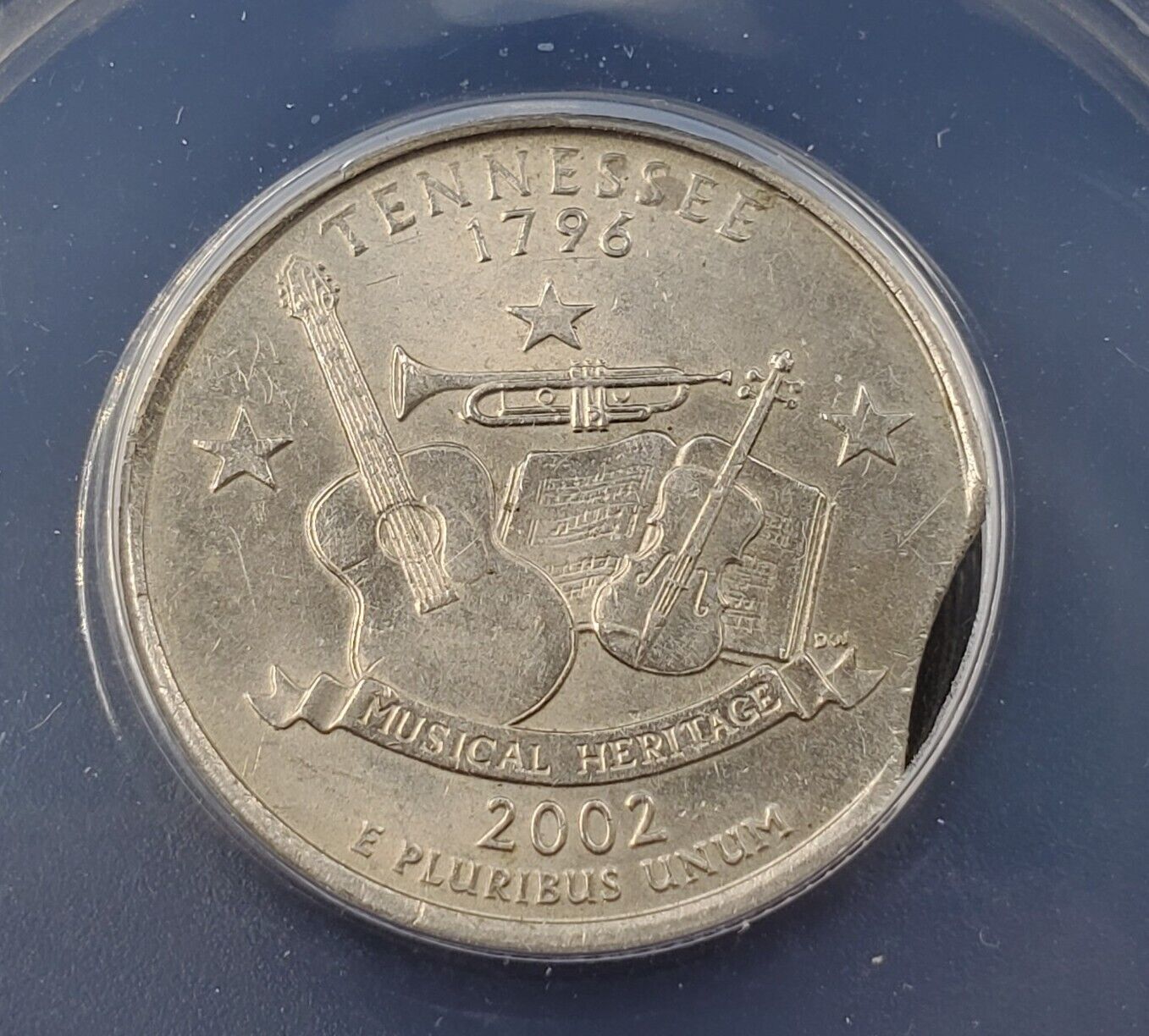 2002 P 25c TENNESSEE Quarters ANACS AU55 CURVED CLIP Weight 5.55 Grams Error