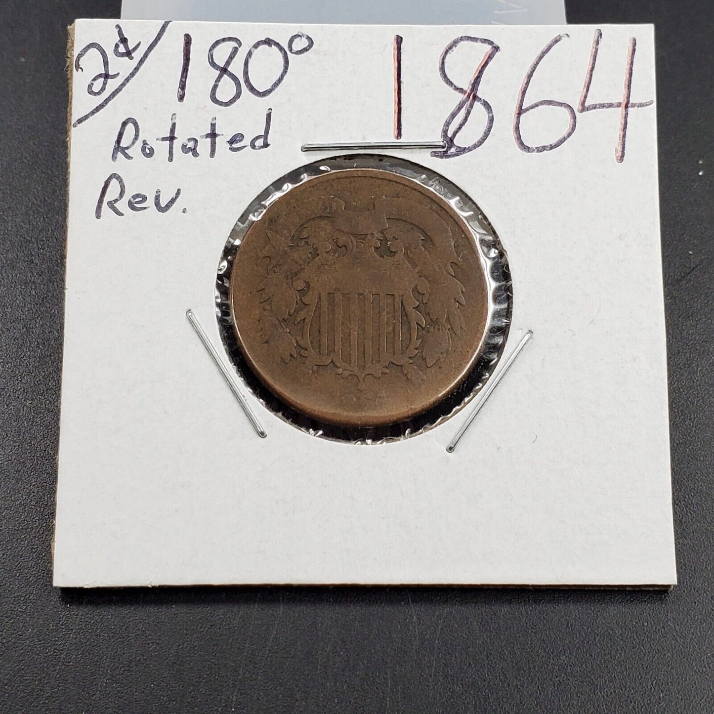 1864 2C Two Cent Copper Coin 180° Rotated Reverse Error Coin Large Motto AG