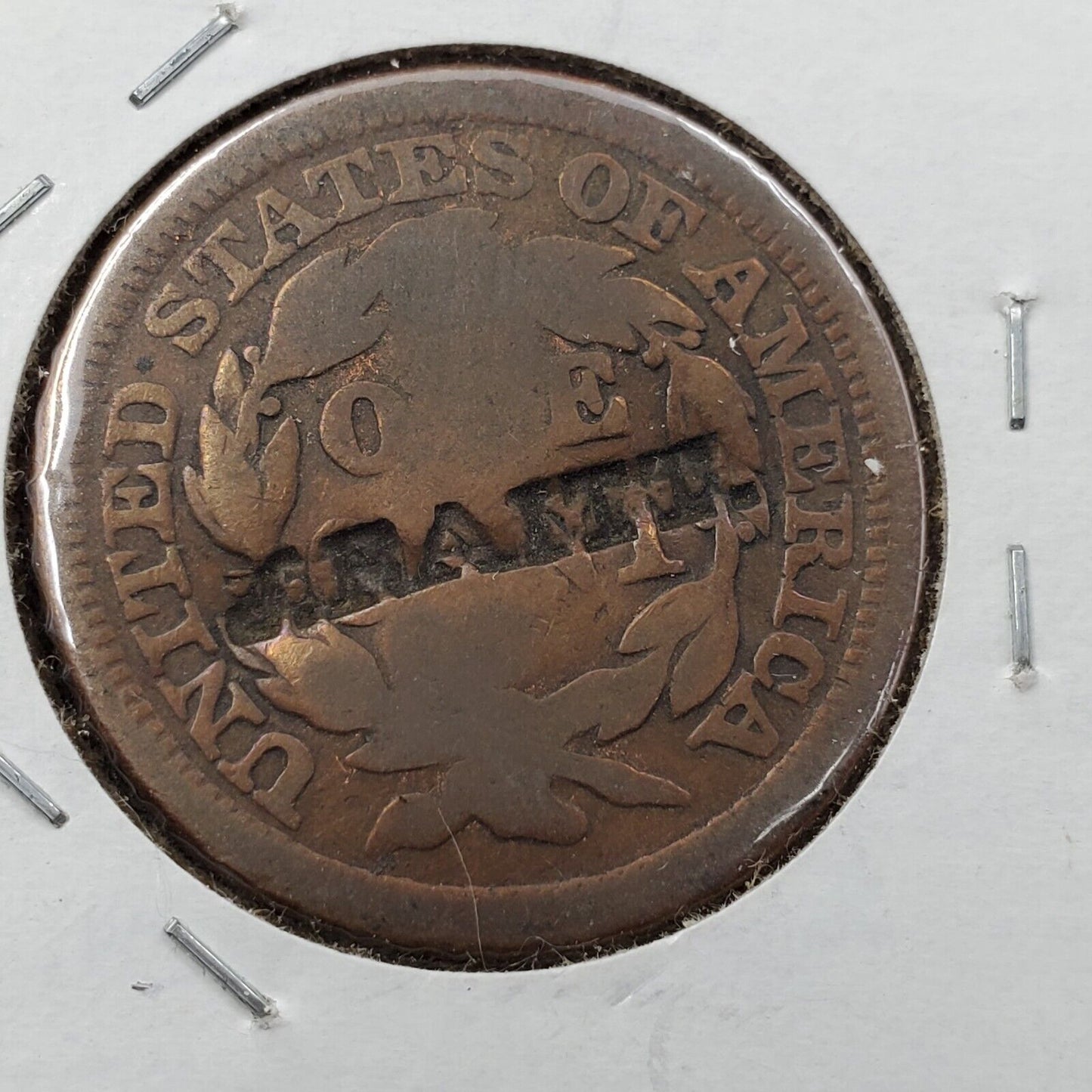 1846 1c Liberty Head Large Cent Penny US Copper J.RAITT Counterstamp