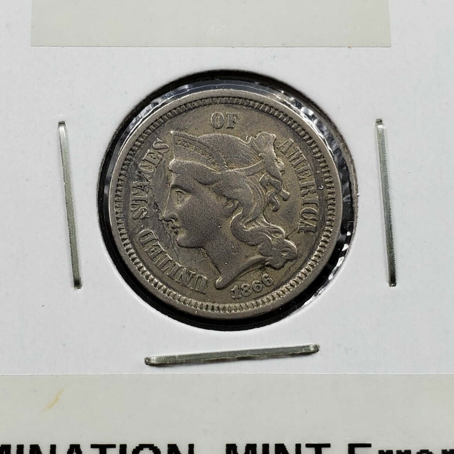 1866 3c Liberty Three Cent Nickel Coin CH XF EF / AU Planchet Lamination Error