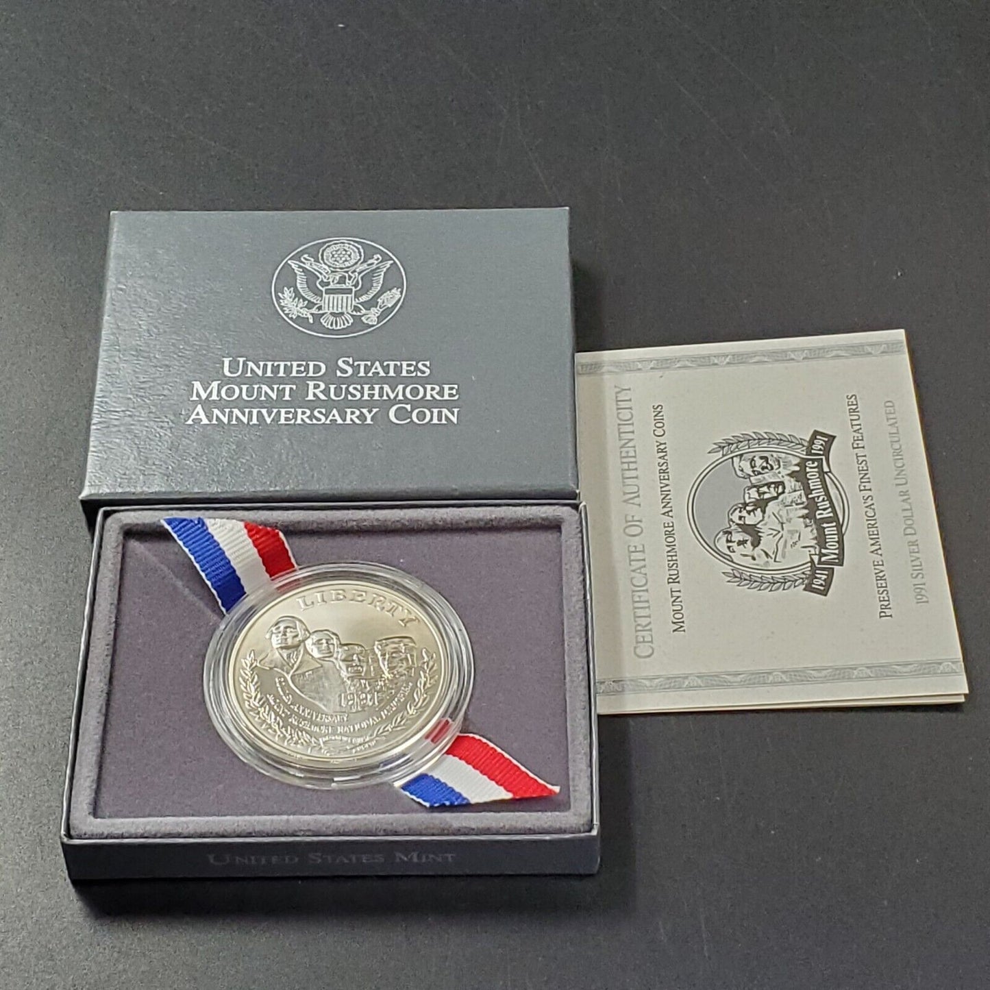 1991 P Mount Rushmore 50th Anniversary BU Commem 90% Silver Dollar OGP Box COA
