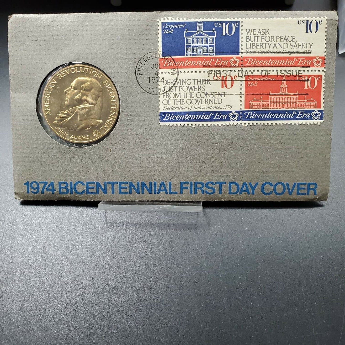 AMERICAN REVOLUTION BICENTENNIAL 1974 MEDAL COIN John Adams OGP FIRST DAY STAMP