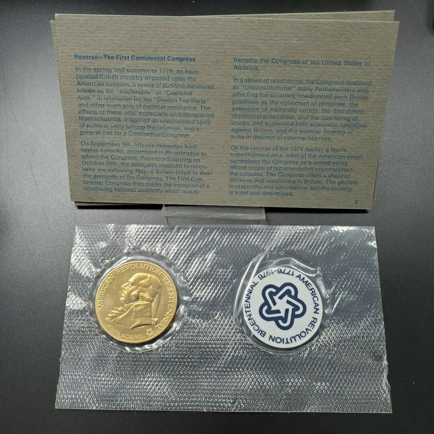 AMERICAN REVOLUTION BICENTENNIAL 1974 MEDAL COIN John Adams OGP FIRST DAY STAMP