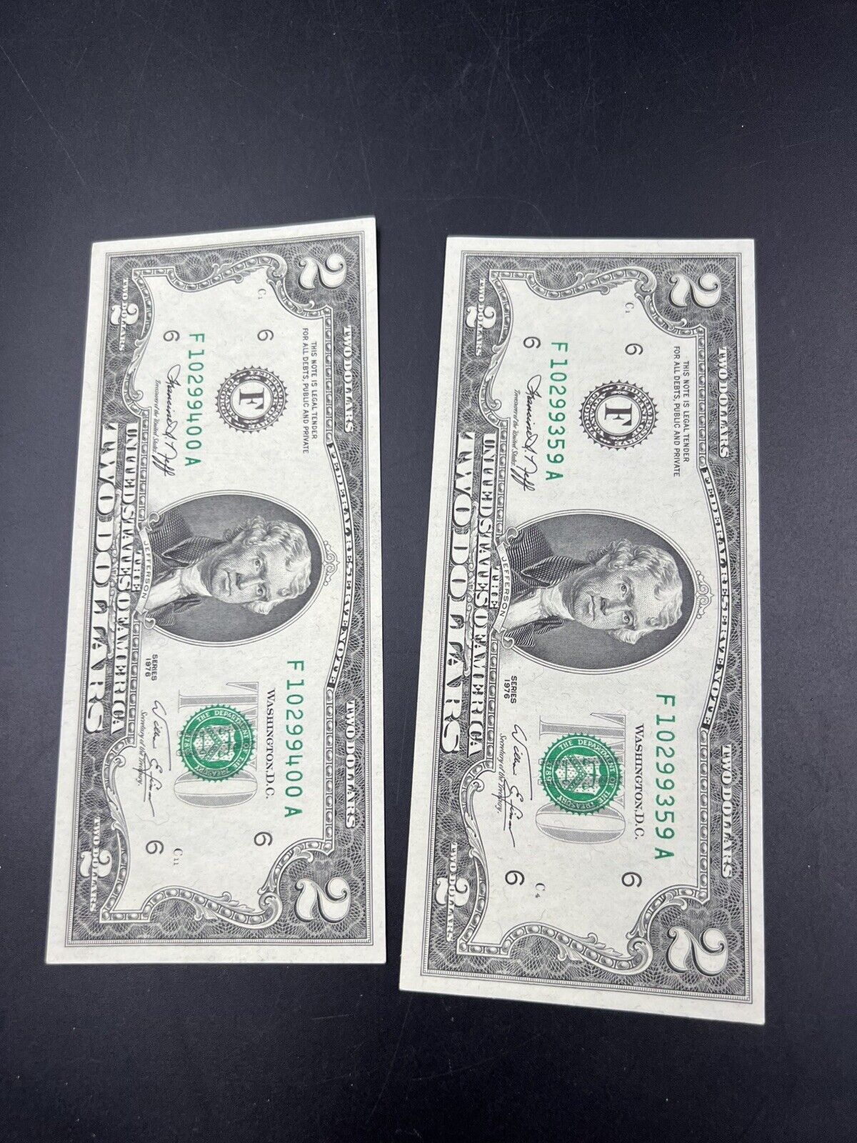 Consecutive pair 1976 $2 FRN Two Dollar Bill Birthday Note 10 29 93 & 94 UNC