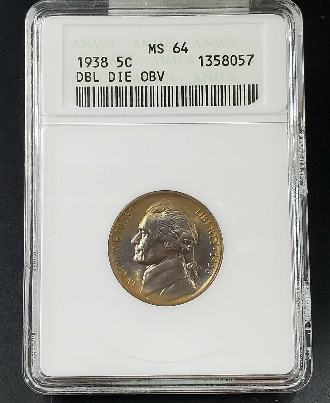 1938 Jefferson Nickel Variety ANACS MS64 DDO 003 DMR-005 SG B Die Rainbow Toning