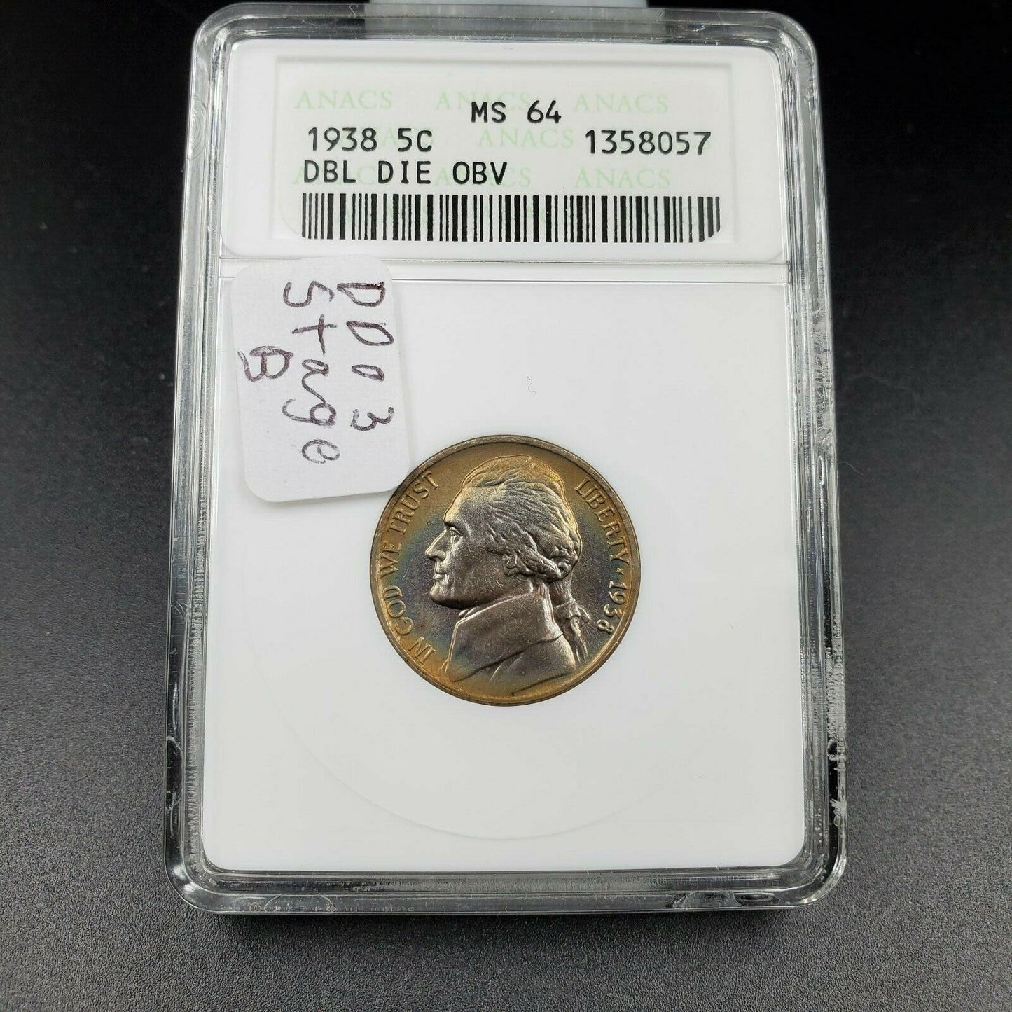 1938 Jefferson Nickel Variety ANACS MS64 DDO 003 DMR-005 SG B Die Rainbow Toning