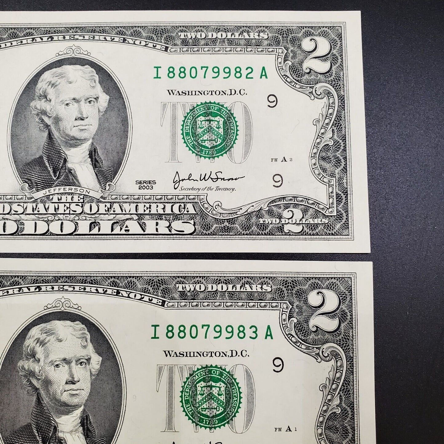 6 Consecutive $2 2003 FRN FEDERAL RESERVE NOTE Uncirculated Repeat Serial