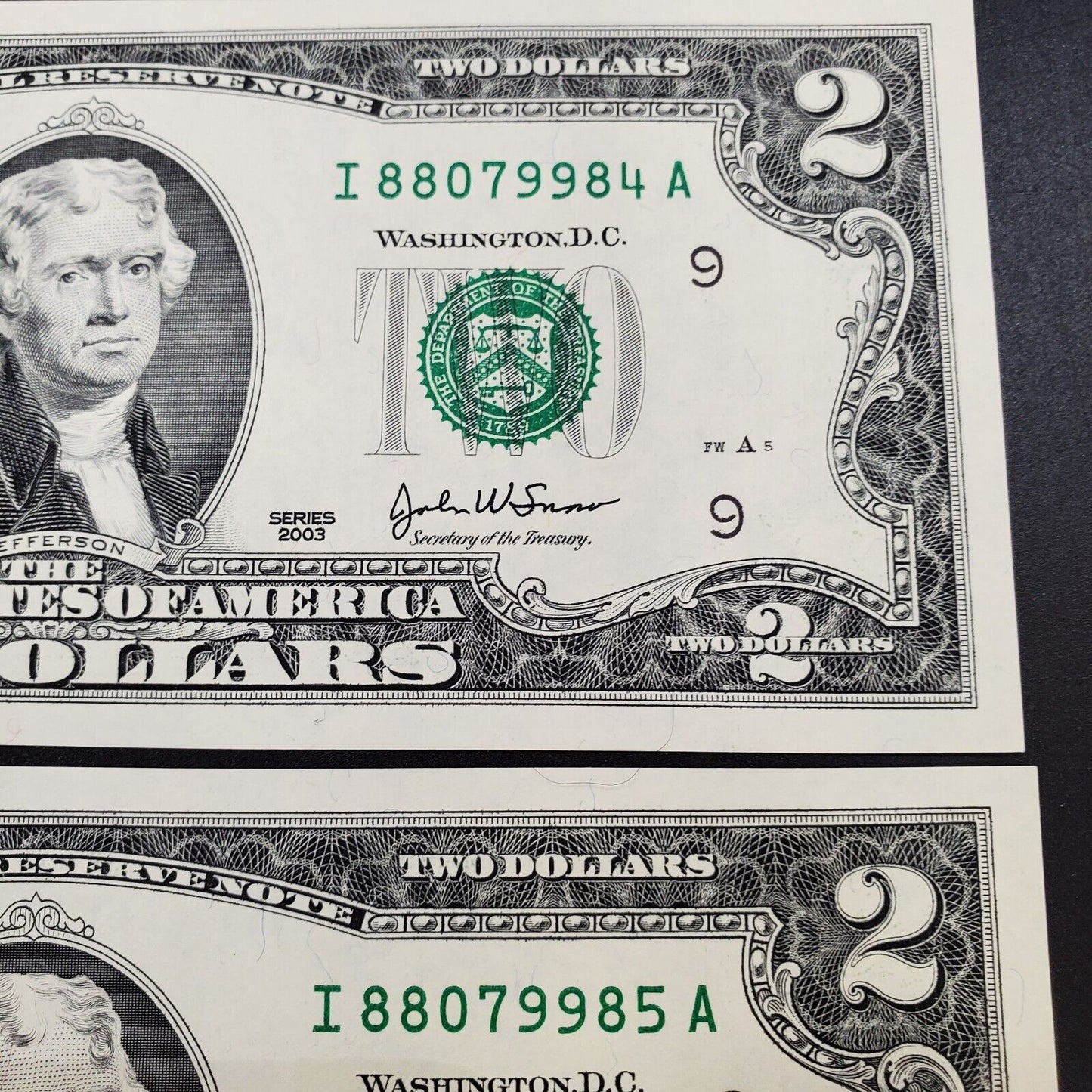 6 Consecutive $2 2003 FRN FEDERAL RESERVE NOTE Uncirculated Repeat Serial