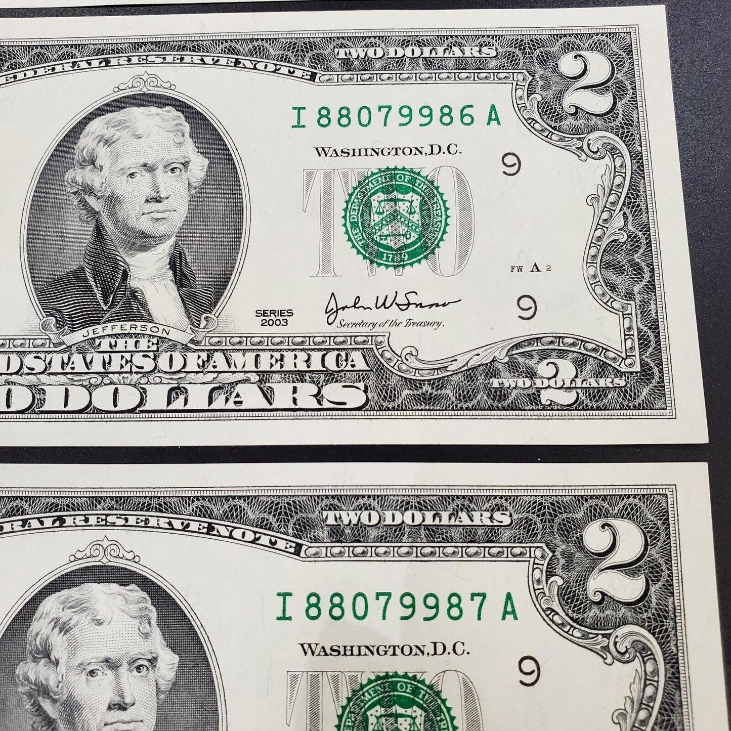 6 Consecutive $2 2003 FRN FEDERAL RESERVE NOTE Uncirculated Repeat Serial