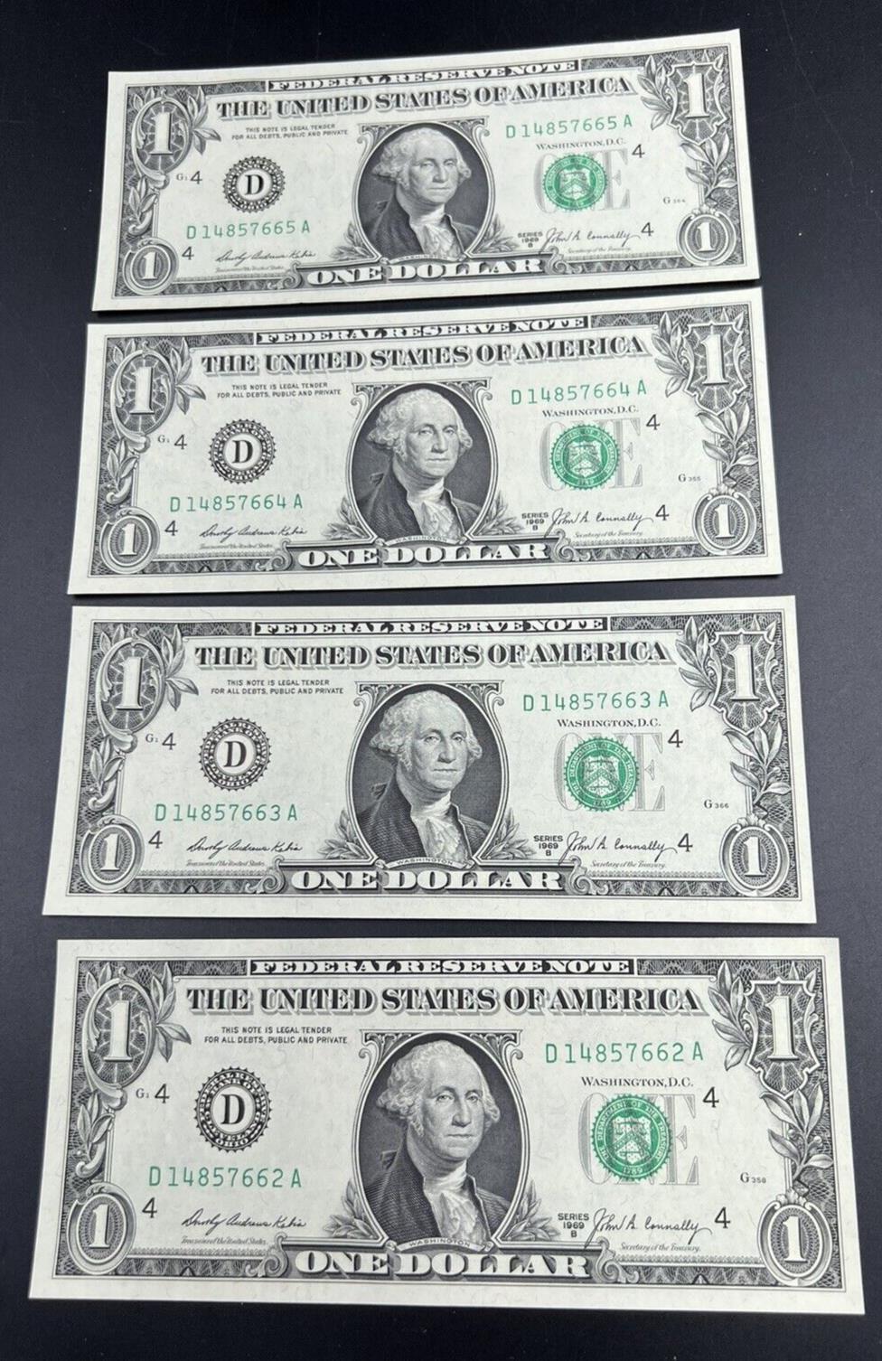 4 Consecutive Note Lot 1969 B $1 FRN Federal Reserve US Currency Bills CH UNC