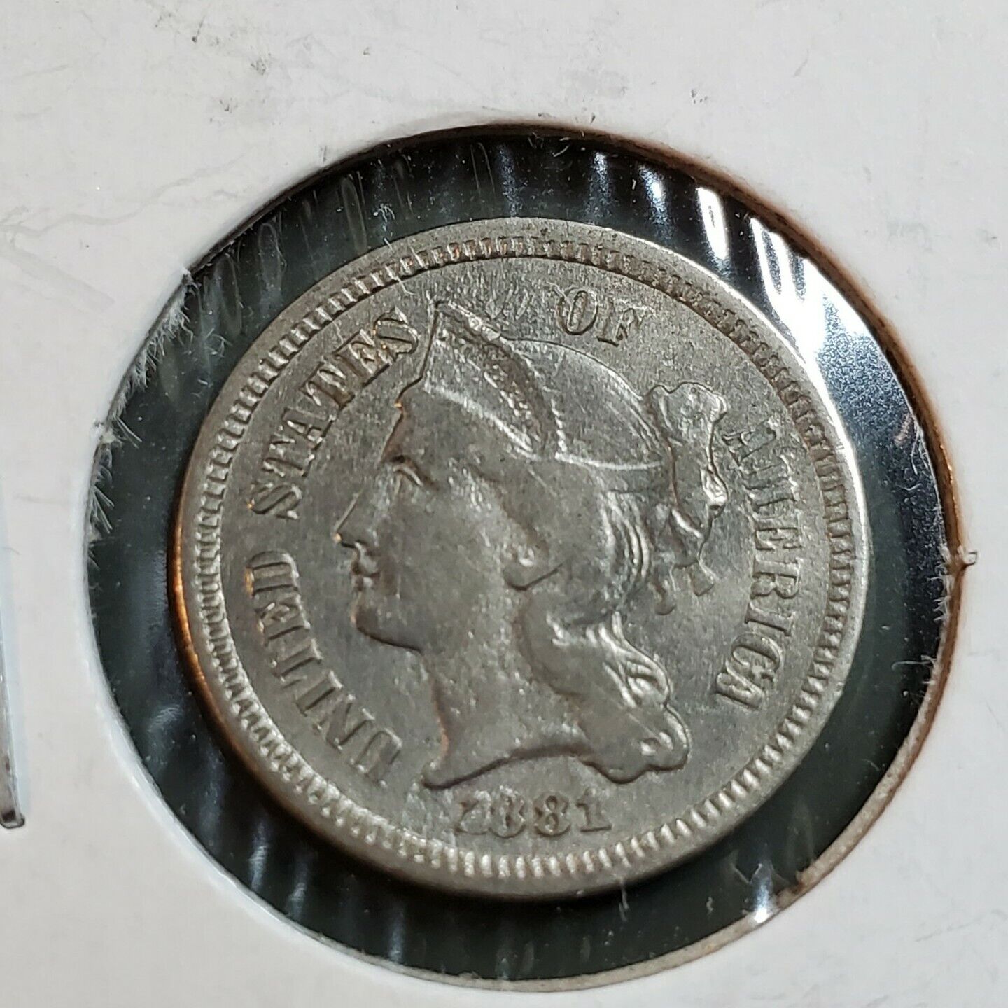 1881 3c Liberty Three Cent Nickel Coin Choice XF Die Damage at date Variety