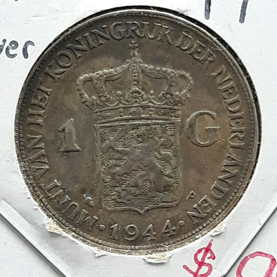 1944 P Netherlands 1 Gulden WW2 World War Two Emergency Philadelphia Mint Issue