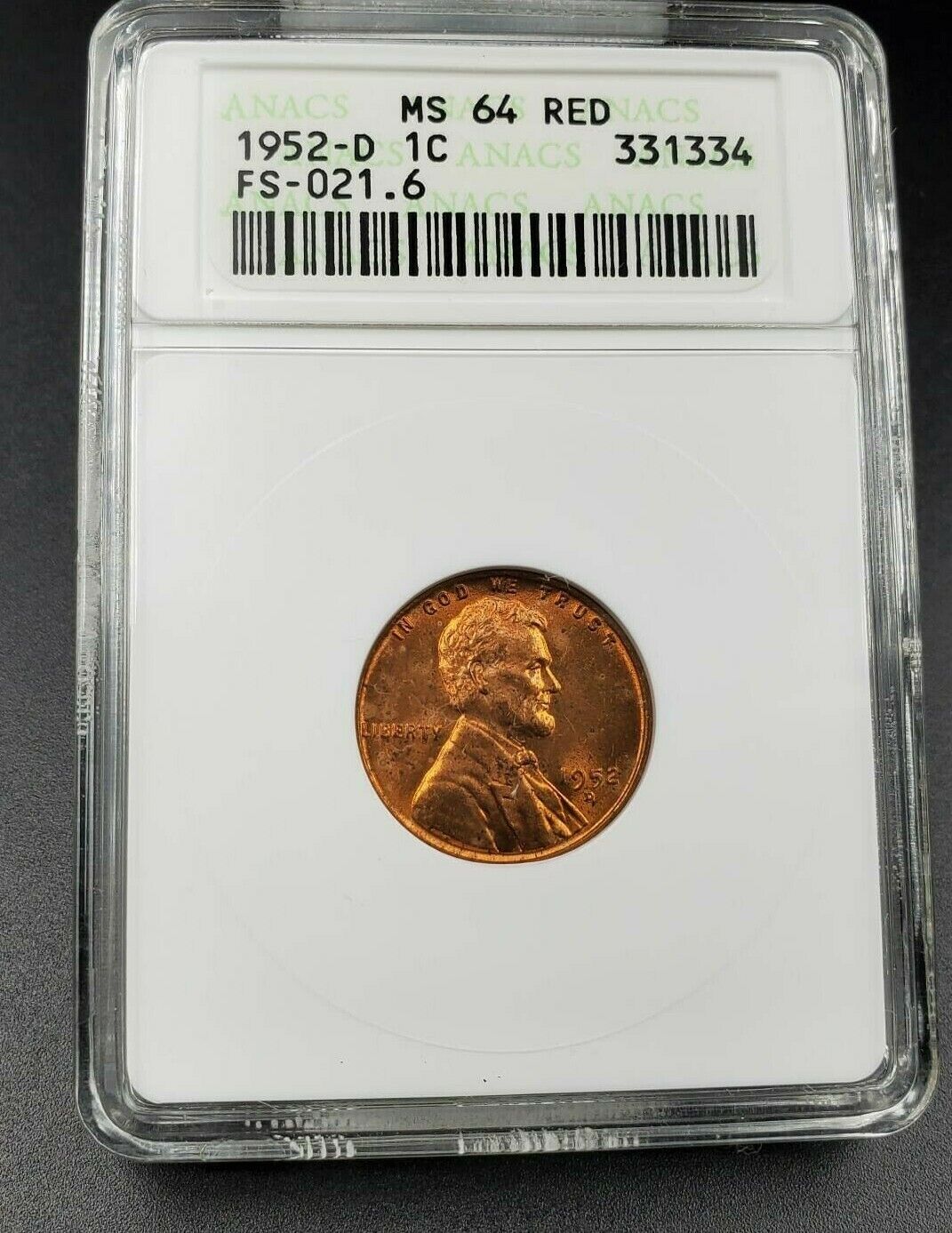 1952 D/S Lincoln Wheat Cent Penny ANACS MS64 RED FS-021.6 Breen-2206 FS-511
