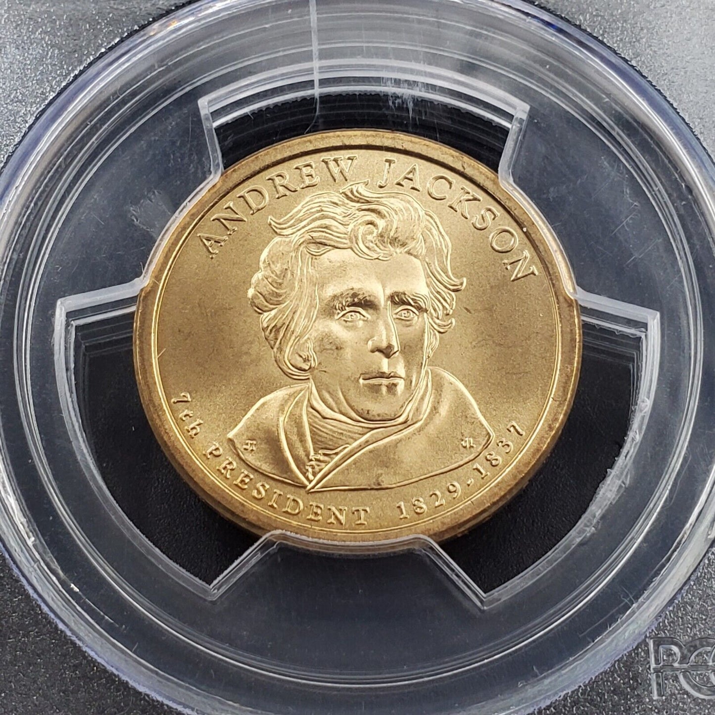 2008 P Andrew Jackson Presidential Dollar Coin PCGS MS68 Satin Finish Flag Label