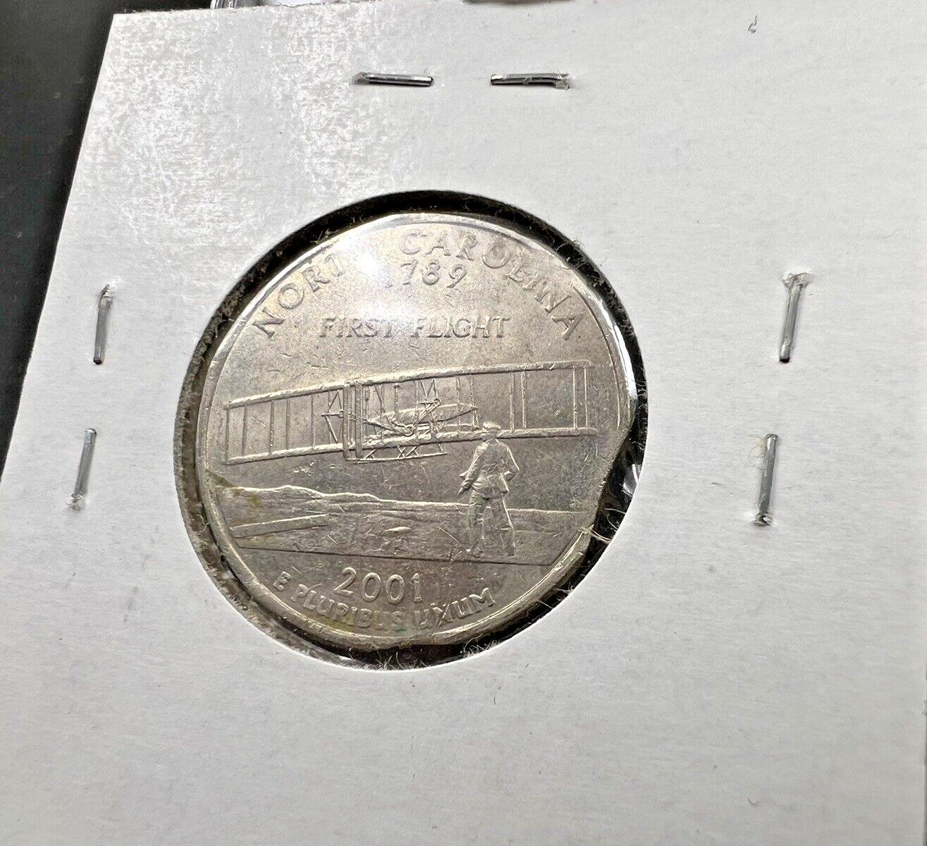 Double Clipped Planchet error Coin 2001 North Carolina State Quarter Circ