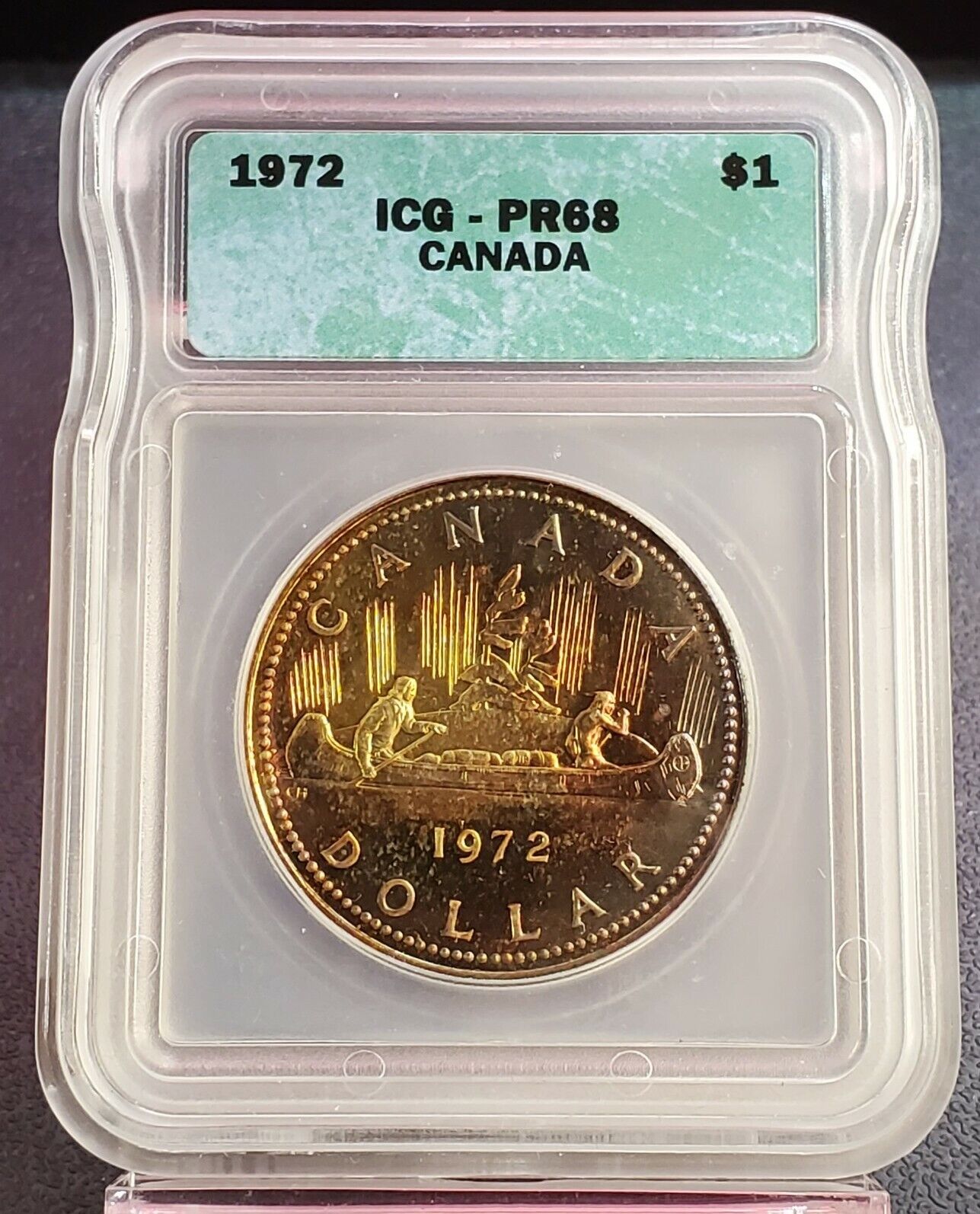 1972 ICG SP68 (PR68) Canada Voyager Canoe DOLLAR $1 PQ RAINBOW TONING REVERSE