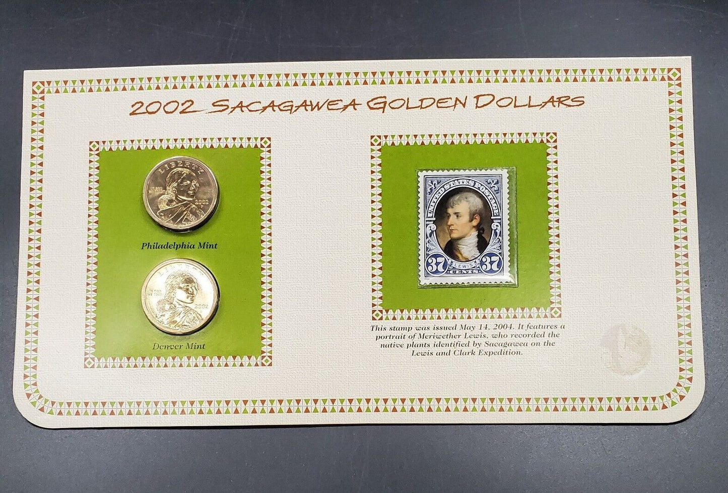 2002 P & D Sacagawea Golden Dollars & 2004 USA 37C Stamp Uncirculated Sheet
