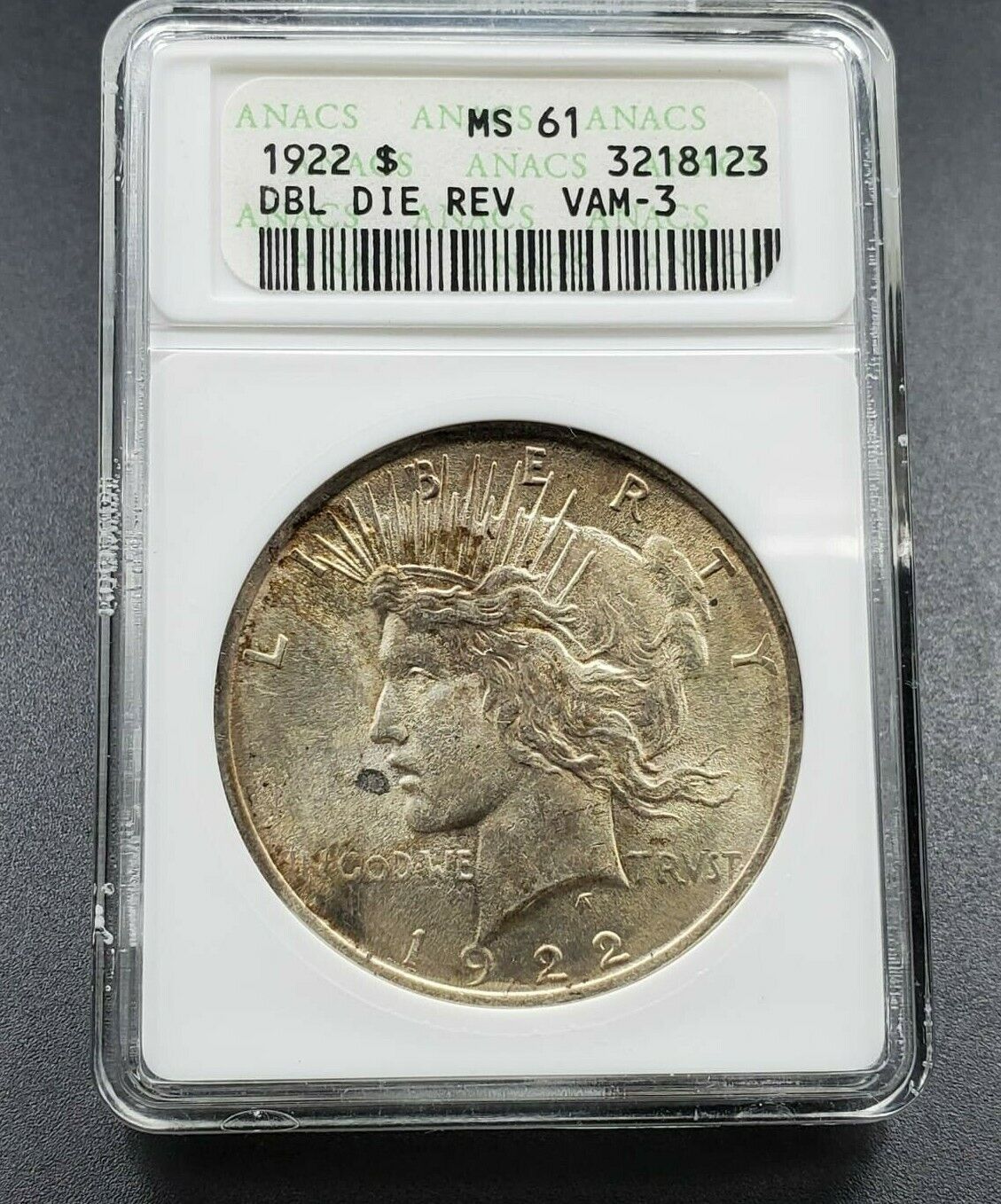 1922 P Peace Silver Dollar Variety ANACS MS61 DDR Leaves Top 50 VAM 3 VAM-3 BU