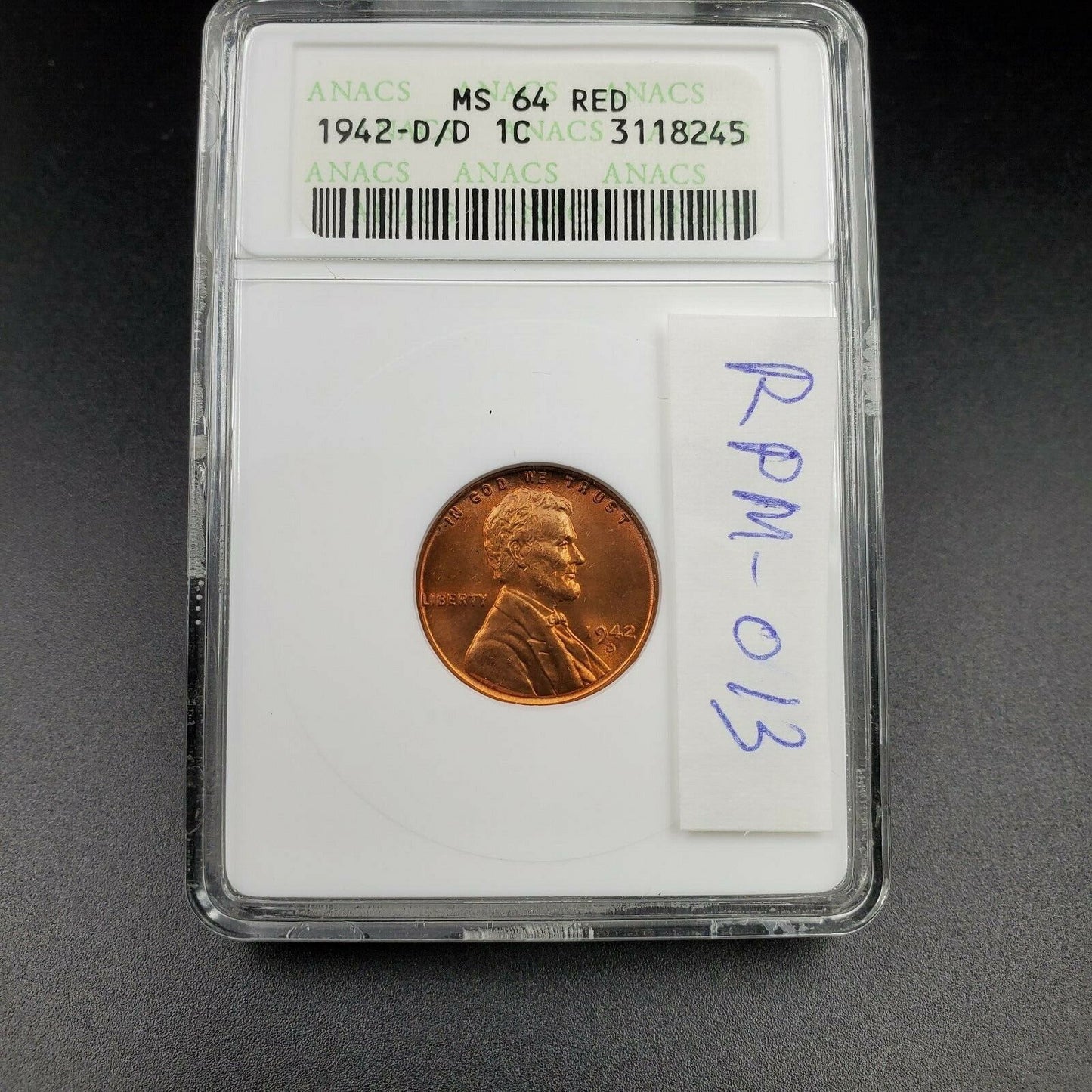1942 D Lincoln Wheat Cent Penny Coin Variety ANACS MS64 RED RPM 013 DMR-021