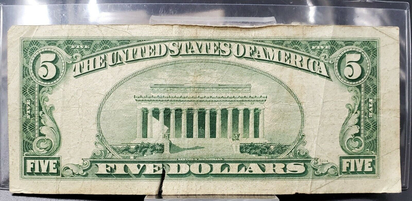 1953 $5 Silver Certificate Blue Seal US Currency Bill SMALL TEAR