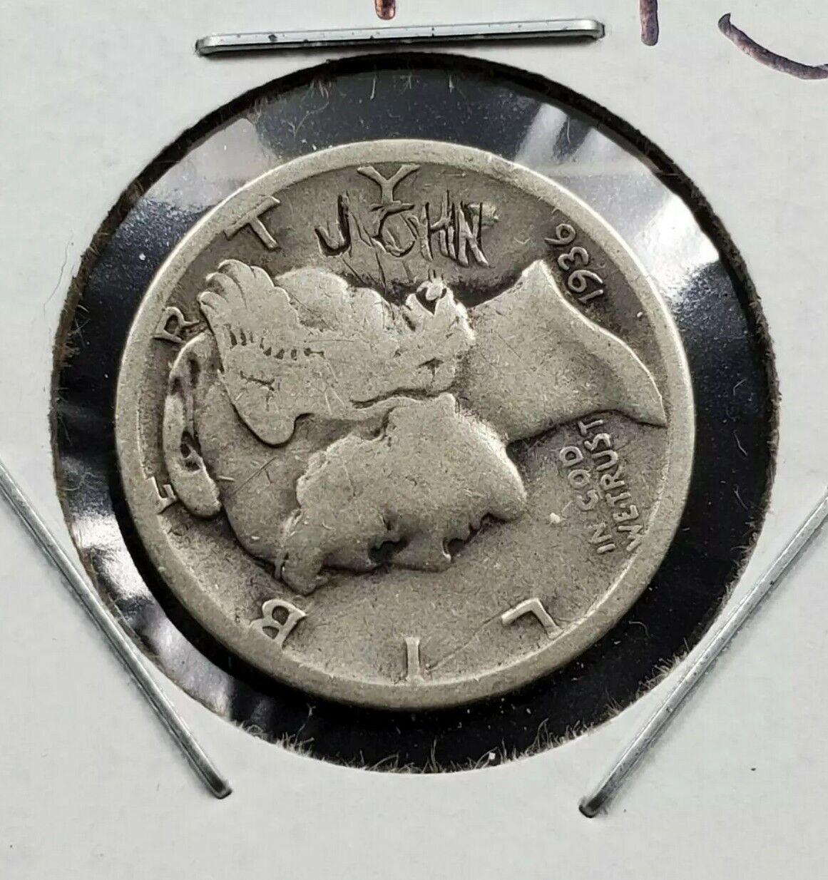 1936 Mercury Silver Dime Graffiti Coin " John " religious ???