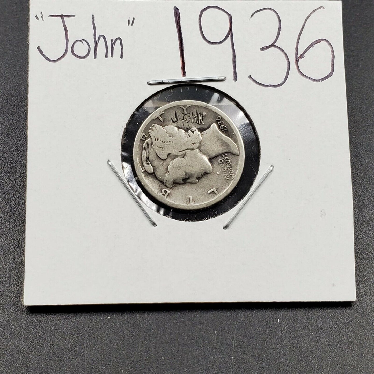 1936 Mercury Silver Dime Graffiti Coin " John " religious ???