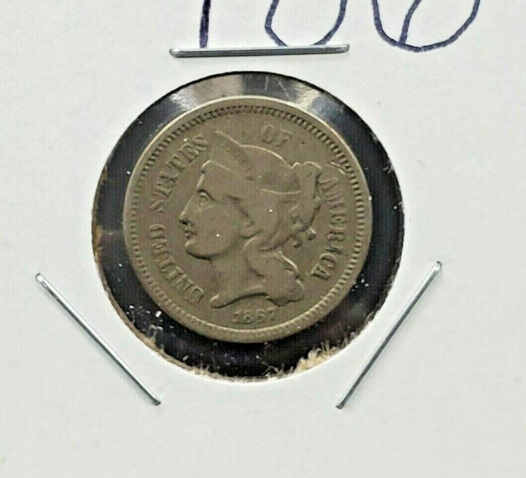 1867 P 3c Liberty Three Cent Nickel Coin Choice F Fine / VF