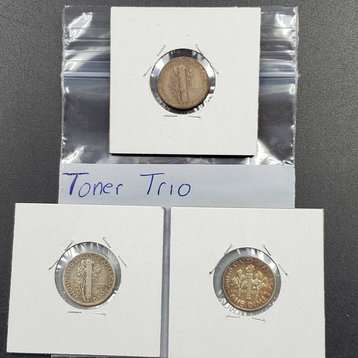 Toner Trio PQ Rainbow Toned Circ 1945 S Dime + Two other nice toned dime 3 coins