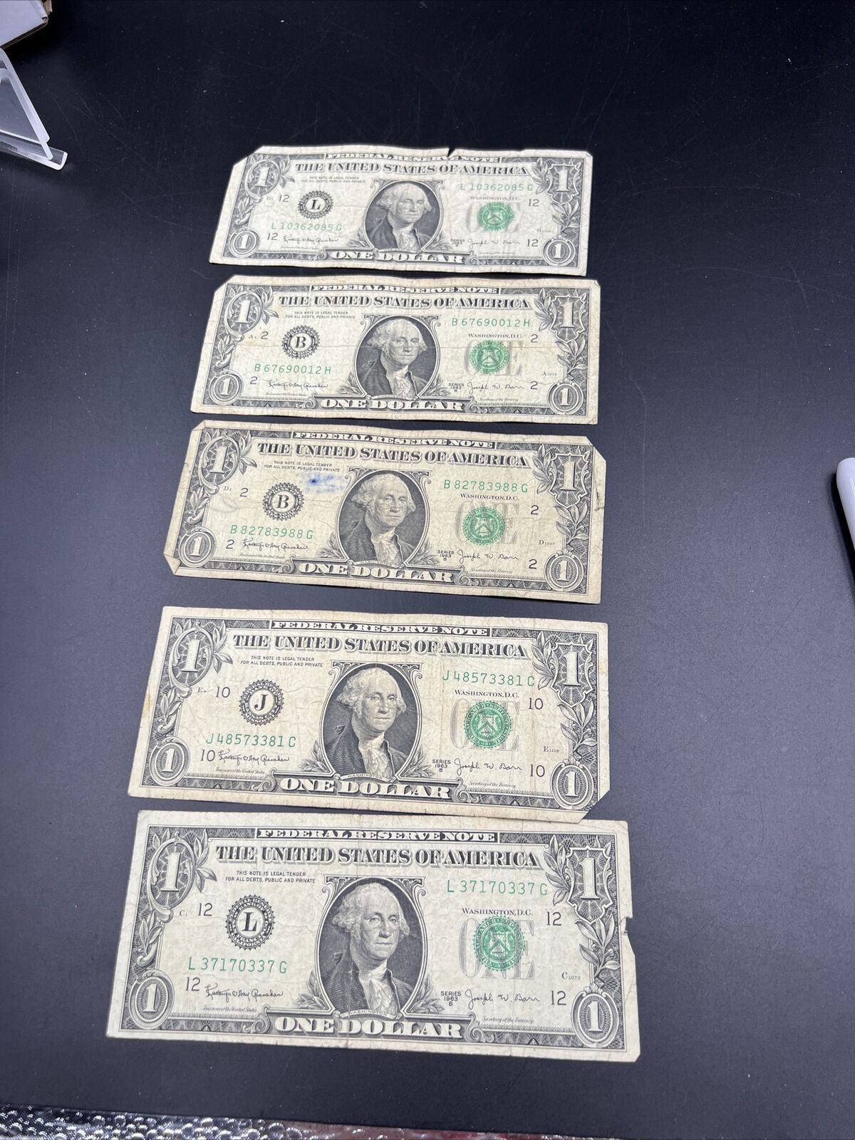 5 Note lot 1963 B $1 Barr Signature Federal Reserve Note FRN Green Seal Cull- VG
