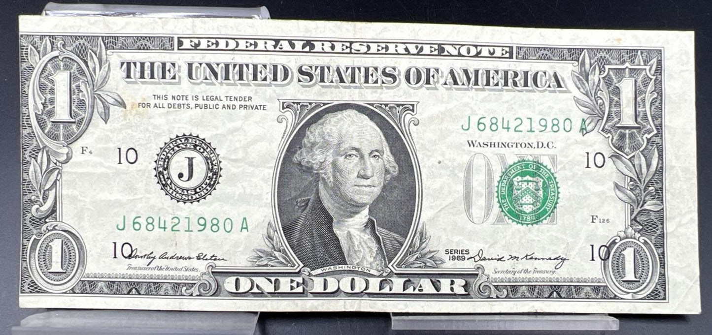 Major Off Center Error 1969 $1 FRN Federal Reserve Note Bill VF Very Fine Circ
