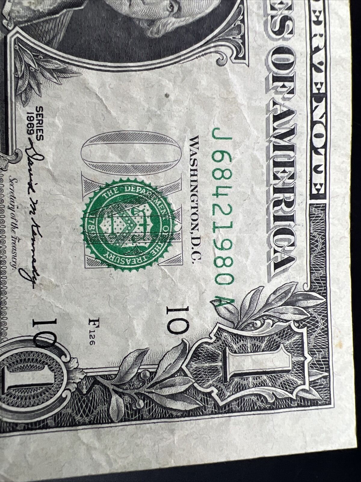 Major Off Center Error 1969 $1 FRN Federal Reserve Note Bill VF Very Fine Circ