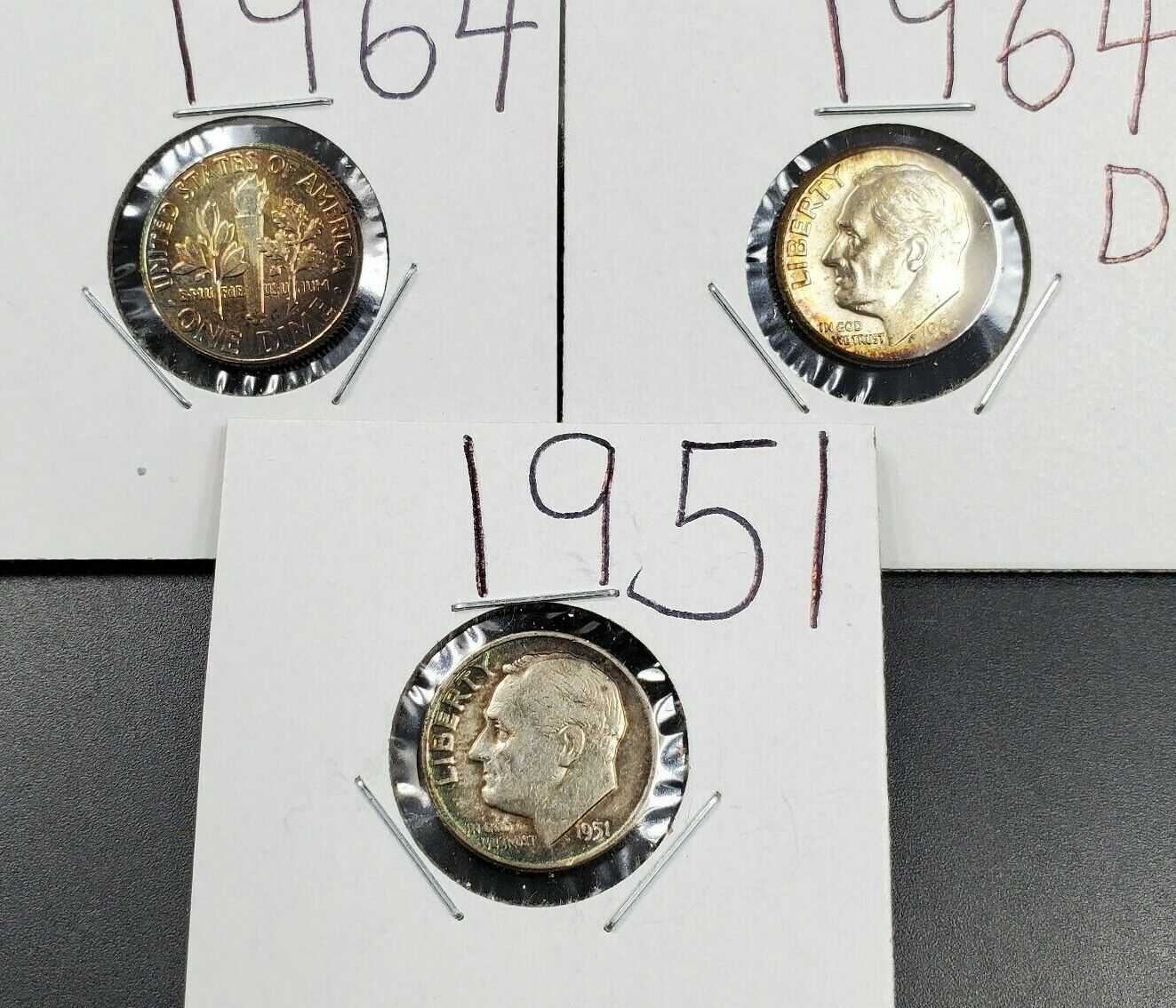 Toner Trio 3 PQ Rainbow toned 1951 P 1964 P D Roosevelt Silver Dime Coins AU-BU