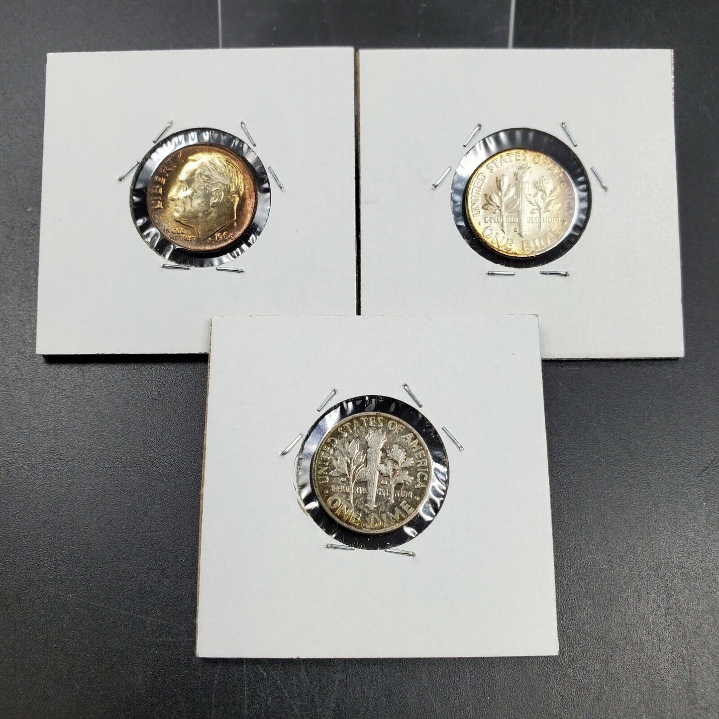 Toner Trio 3 PQ Rainbow toned 1951 P 1964 P D Roosevelt Silver Dime Coins AU-BU